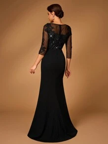 Serin Elegancka, luksusowa, prześwitująca, długa, z cekinami, haftowana, koronkowa, patchworkowa, elastyczna, marszczona, kokardkowa sukienka z wzorem rybiego ogona, odpowiednia na wesele, pojedyncze przyjęcie, wakacje, bal, wieczorną galę, sukienkę dla matki panny młodej (wersja ciężka)