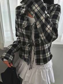 DAZY Women's Regular Collar Black & White Plaid Long Sleeve Bowknot Blouse, Spring/Summer/Autumn Cute Tops