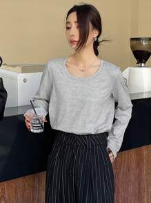 DAZY Camiseta casual de manga larga con cuello redondo de un solo color, versátil, para mujer