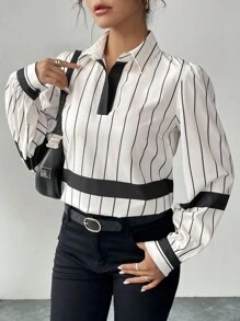 SHEIN Unity 女士条纹泡泡长袖休闲宽松衬衫，秋季 - 彩色 - 查看 6