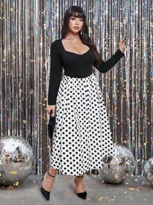 Franclia Plus Size Women Vintage Polka Dot Long Sleeve Dress, Black And White, Autumn