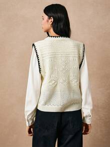 Poéselle Damski swobodny kontrastowy kolor wykończenia Hollow Knit sweter kamizelka na jesień