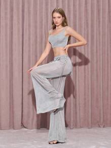 KHELA THE LABEL Designer Women's Silver Shiny Drawstring Overlap Low Waist Wide Leg Pants, Going Out, Vacation, Festival, Ibiza Fits - Silver - View 4