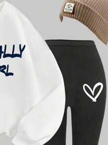 Bộ 2 chiếc/Bộ Áo chui đầu dài tay in hình graffiti thường ngày cho bé gái tuổi teen và quần nỉ, Bộ ấm áp cho mùa đông - Nhiều màu - Xem 4