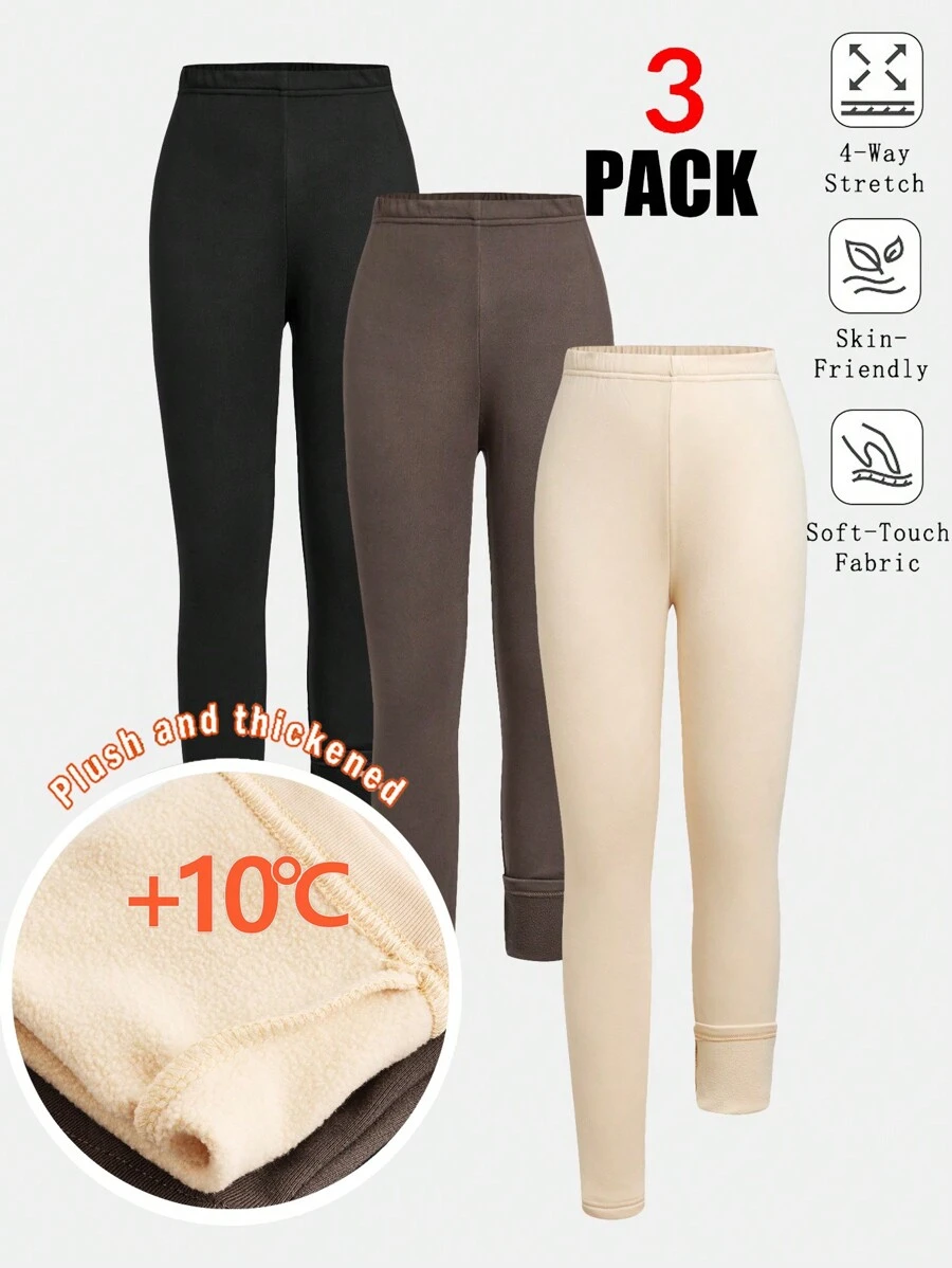 SHEIN 3-pack Tween Girls Slim Fit Mysiga termofodrade borstade leggings - Brun - Visa 1