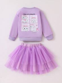2pcs/Set Girls' Minimalistic Purple Long Sleeve Sweatshirt & Tulle Skirt Outfit