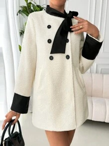 SHEIN Clasi Áo khoác dài thường ngày thanh lịch cho nữ có thắt lưng, cổ tròn, nơ, túi hai hàng khuy, màu đen có khối màu ở cổ, cổ tay áo màu đen và trắng, mùa thu/đông - Màu be - Xem 1