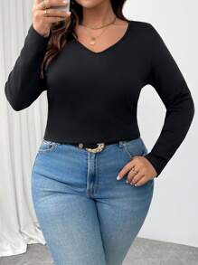 SHEIN Clasi 大码V领长袖休闲T恤，蝴蝶和仿珍珠装饰，春季简约设计