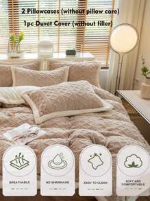 3pcs Beige Velveteen & Coral Fleece Duvet Cover Set, Reversible Blanket Without Filling, Machine Washable - Khaki - View 4