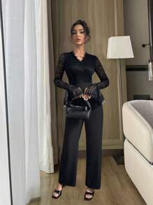 Chiquease 女士 V 领蕾丝拼布喇叭袖阔腿优雅连身裤 - 黑色 - 查看 6