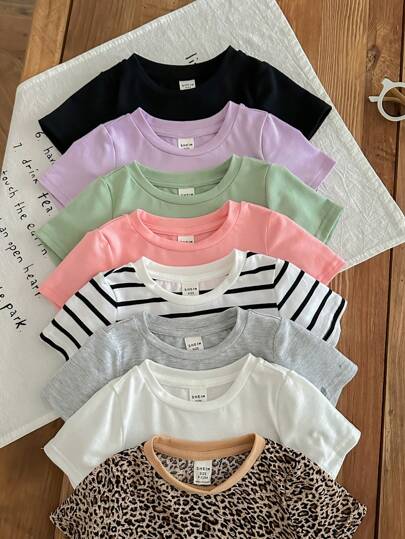 SHEIN LMoss Kids 8 件套女婴夏季百搭针织豹纹纯色短袖上衣