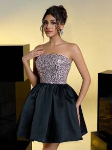 SHEIN Belle Woman Elegant And Gorgeous Pink Sequin Stitching Black Satin Tube Bubble Dress, Suitable For New Year Evening Bachelor Party Birthday Date Back To School Season, Wedding Prom Dress, Wedding Guest Dress - Multicolor - View 6