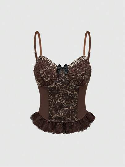 ROMWE Grunge Punk 豹纹性感十字架吊带蕾丝复古女士紧身胸衣吊带背心