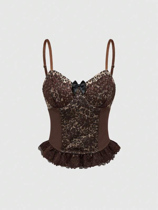 ROMWE Grunge Punk Leopard Print Sexy Cross Pendant Lace Vintage Bustier Camisole For Women