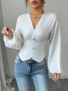Elenzga Women's Elegant Fashion Commute Long Sleeve V-Neck Waisted Gold Button Solid Color Satin Blouse