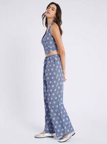 Comfortcana Women's Blue & White Plaid Daisy Embroidered Print Halter Tank Top And Relaxed Casual Pants Set In Fall/Winter