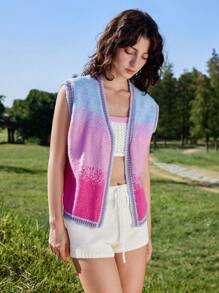 Skyraze Women Casual Everyday Ombre Color Knit Cardigan Vest,Gradient Pattern