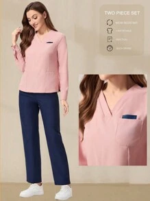 TaskEZ Anti-Static Quick Dry V-Neck Lightweight Scrub Uniform Set, Suitable For Autumn