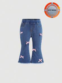 SHEIN 1pc Infant Girls' Cute Pink Ribbon Bow Decor Blue High-Elastic Denim Stretch Pants ,Fleeced Warm Denim Bell Bottoms,Baby Girl Fall And Winter Clothes - Medium Wash - View 1