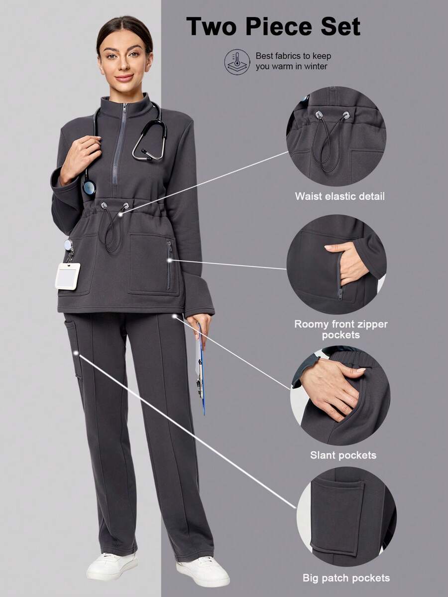 Scrubzie Women's Warm Multi-Pocket Long Sleeve Sweatshirt And Pants Nursing Scrub Uniform Set, Autumn/Winter