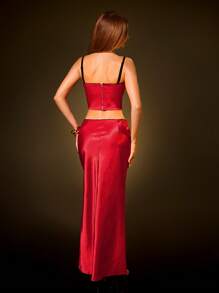 SHEIN SXY 2 件套优雅缎面连衣裙：细肩带吊带上衣 + 美人鱼长裙，适合派对、聚会、约会、生日 - 紅色 - 查看 2