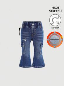SHEIN Baby Girls Winter Warm Thermal Lined Denim Flared Pants, Thick Denim Long Trousers For Autumn/Winter - Medium Wash - View 1