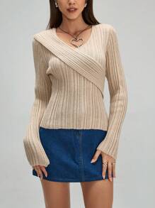 Chiquease Áo len nữ cổ chữ V trơn, xếp ly, mềm mại, thích hợp mặc mùa thu đông. - Màu Khaki - Xem 8