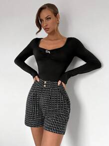 Chiquease Women's Sweetheart Neck Ruched Front Rhinestone Bow Decor Long Sleeve Bodysuit