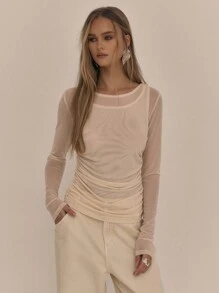 MUSERA Double Layer Mesh Long Sleeve Holiday Ibiza Beachwear Sheer Top Fall Winter