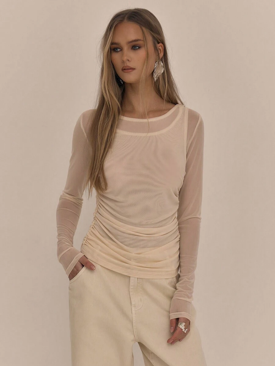 MUSERA Double Layer Mesh Long Sleeve Holiday Ibiza Beachwear Sheer Top Fall Winter