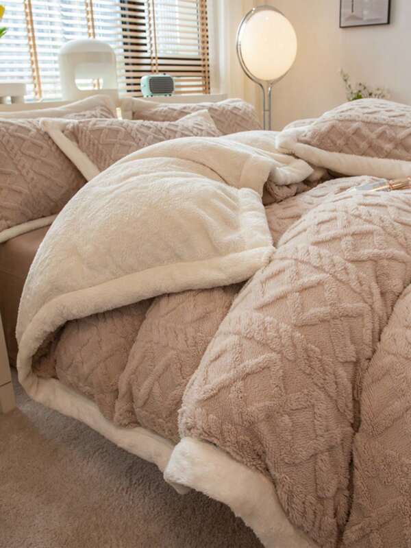 3pcs Beige Velveteen & Coral Fleece Duvet Cover Set, Reversible Blanket Without Filling, Machine Washable