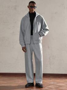 AKNOTIC Business Casual 2 件套男士宽松针织落肩连帽运动衫和裤子套装，舒适服装，秋季服装 - 淺灰色 - 查看 2