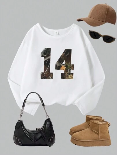 Casual Oversize Number Printed Drop Shoulder White Sweatshirt For Tween Girls, Suitable For Outdoor Leisure, Spring & Autumn