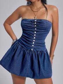 SHEIN ICON Women's Front-Open Bustier Denim Ruffle Dress - Dark Wash - View 4