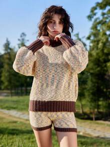 Skyraze Suéter de manga larga con cuello alto, con bloques de color y rayas trimmings - Multicolor - Ver 6