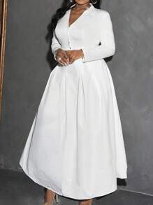 Slaydiva Elegant & Party & Gathering & Date Plus Size White Solid Color V-Neck A-Line Hem Blouse And Skirt Set - C - White - View 2