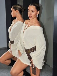 SHEIN ICON 女式露肩前系带喇叭长袖休闲 Y2K 露肩波西米亚风短款 A 字连衣裙 - 彩色 - 查看 3