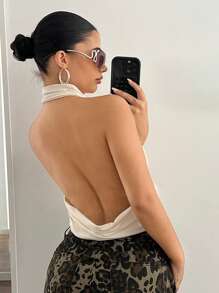 SHEIN ICON Solid Color Neck-Hanging Flounced Neckline Backless Sexy Sleeveless Tank Top - Apricot - View 2