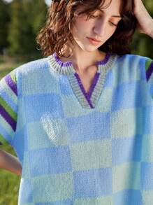 Skyraze Women's V-Neck Short Sleeve Plaid Sweater, Casual Everyday Wear,Geometric Pattern - Multicolor - View 7