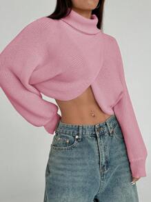 Lunelith SHEIN Lunessa Damen Pullover mit hohem Kragen, Langarm, unifarben, wickeloptik, gekürzt, Lässig, Herbst/Winter