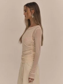 MUSERA Double Layer Mesh Long Sleeve Holiday Ibiza Beachwear Sheer Top Fall Winter