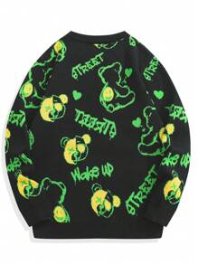 Chillumni Men's Casual Letter & Cartoon Bear Pattern Round Neck Long Sleeve Sweater, Autumn/Winter - Black - View 2