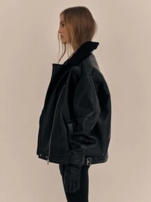 MUSERA Faux Leather Fur Trim Aviator Jacket - Black - View 2