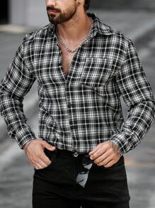Manfinity LEGND Camisa casual de manga larga con botones delanteros, bolsillo parche y estampado de cuadros, camisa de salida con cuello casual, versátil para hombres