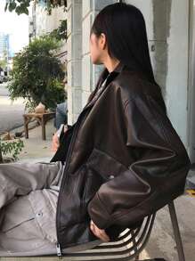 DAZY Chaqueta holgada con cremallera, cuello y bolsillos de piel sintética para mujer, para primavera y otoño