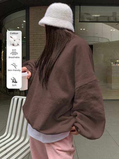 DAZY Loose Fit Crew Neck Solid Color Thermal Lined Sweatshirt For Women Fall,Winter