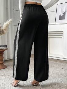 Flirla Plus Size Women Casual Sequin Patchwork Pants - Black - View 2