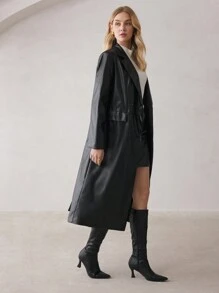 BizChic Fashion Commute Black Lapel PU Leather Double Breasted Jacket - Black - View 4