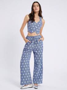 Comfortcana Women's Blue & White Plaid Daisy Embroidered Print Halter Tank Top And Relaxed Casual Pants Set In Fall/Winter