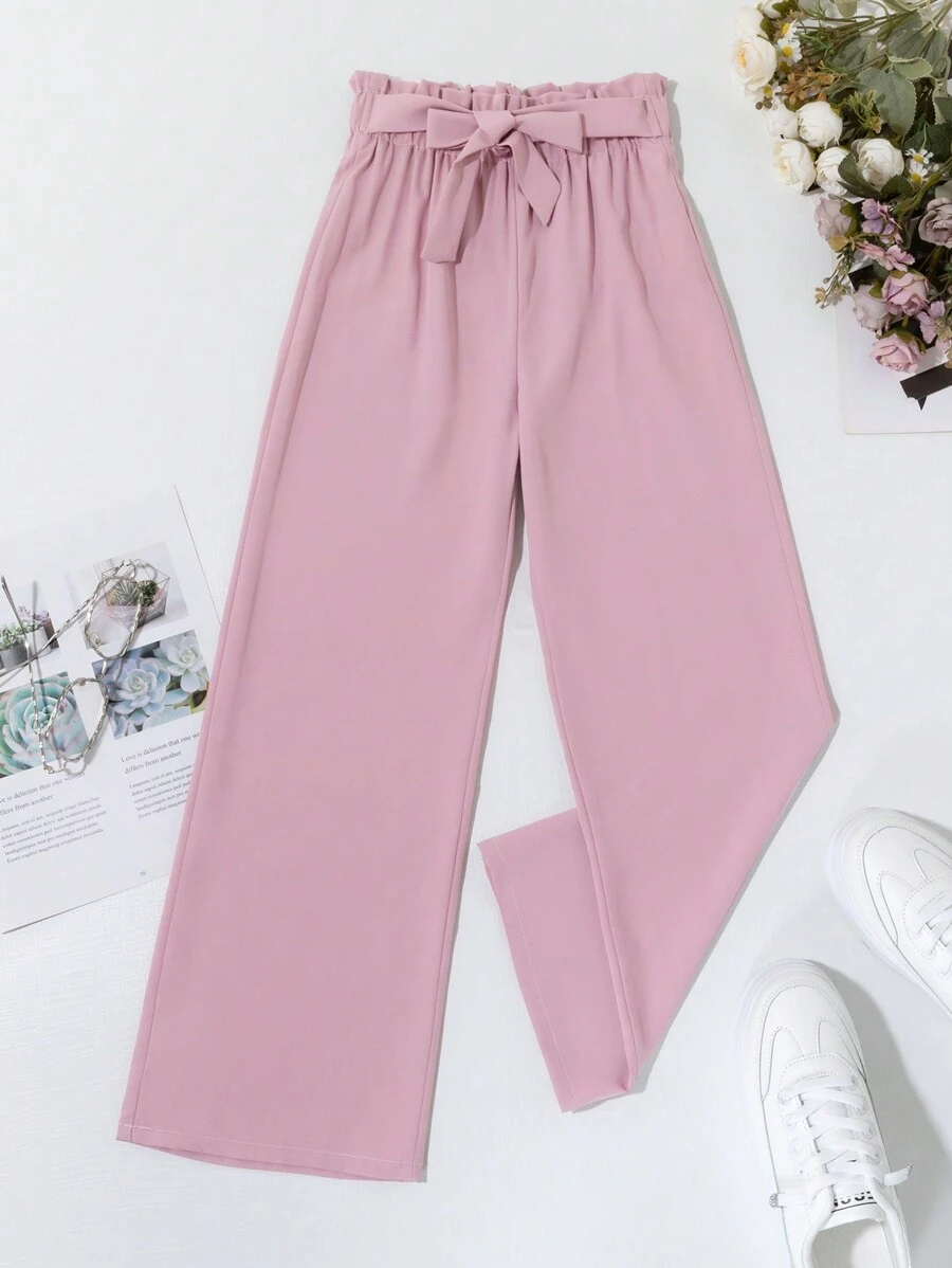 SHEIN Tween Girl Fashionable Versatile Navy Blue Straight Leg Pants With Bow Waist Belt, Suitable For Everyday Wear - Dusty Pink - View 1